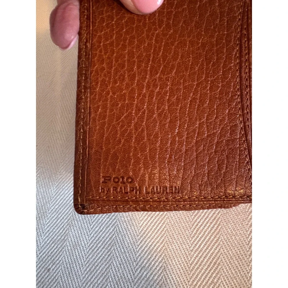 90s Polo Ralph Lauren Mens Pebbled Leather Bifold Card Case Wallet Cognac Brown‎